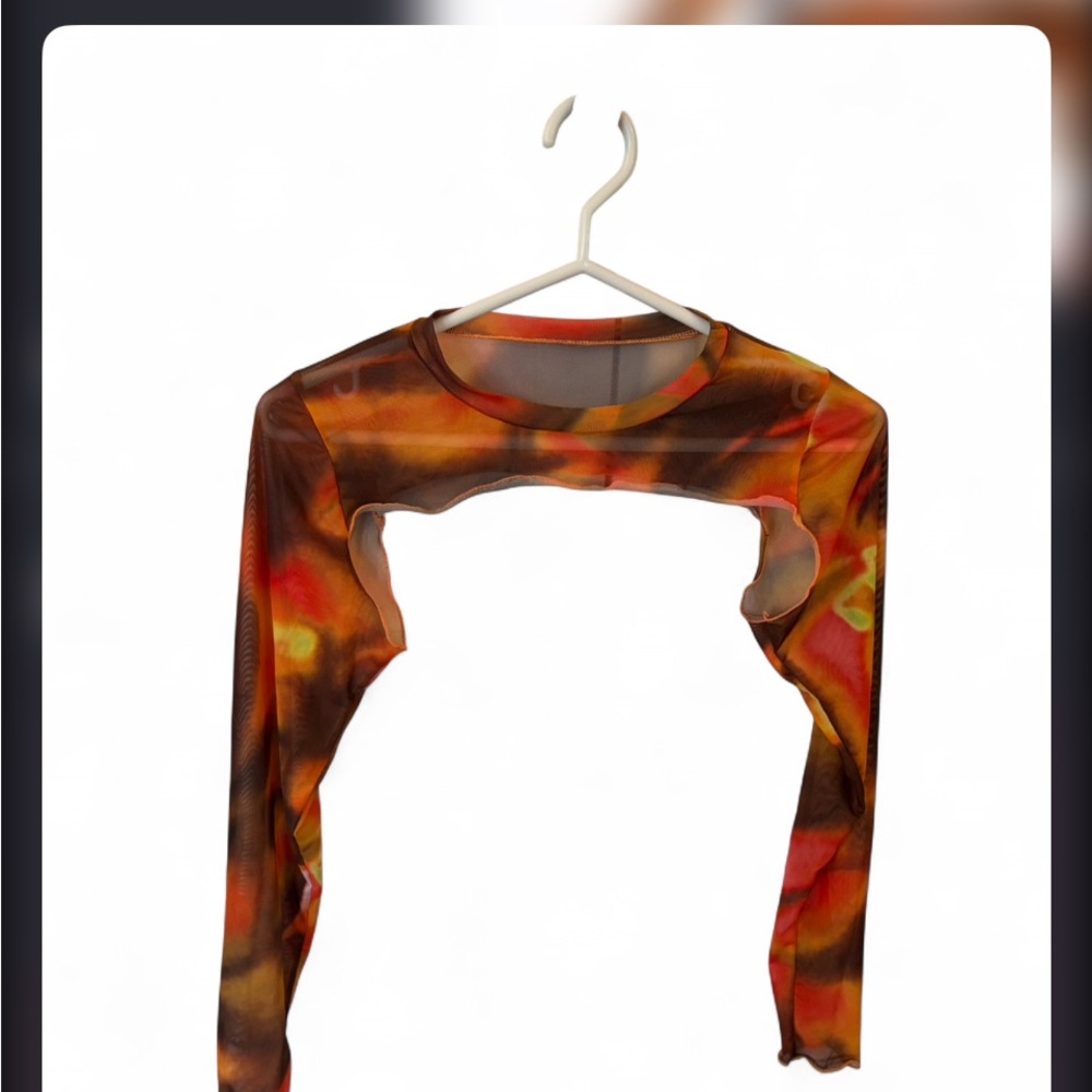 Sheer Long-Sleeve mesh Cutout Top in Burnt Orange-Multicolor